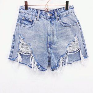 Zara High Rise Super Distressed Denim Shorts